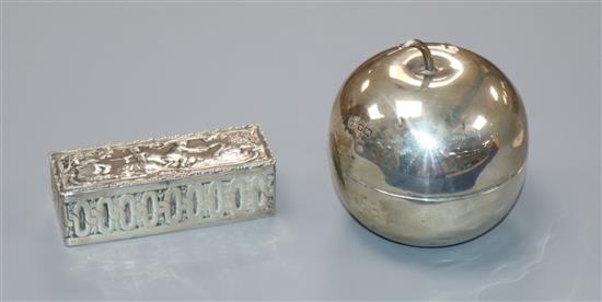 An Edwardian novelty silver apple shaped box and cover, James Deakin & Sons, Sheffield, 1904 and a Hanau silver pill box.